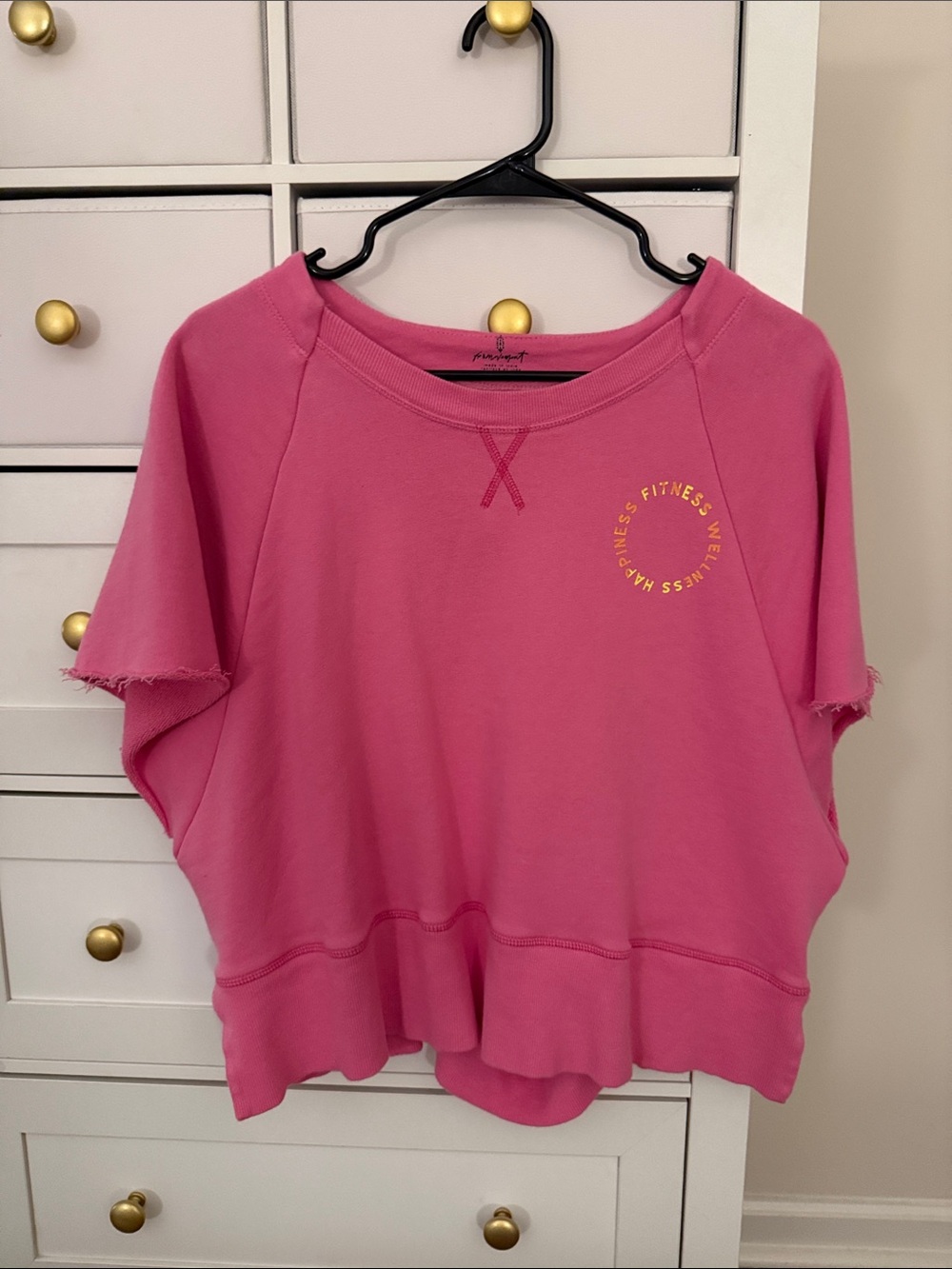 Free People Pink Short-Sleeve Cropped Sweatshirt with Yellow Logo